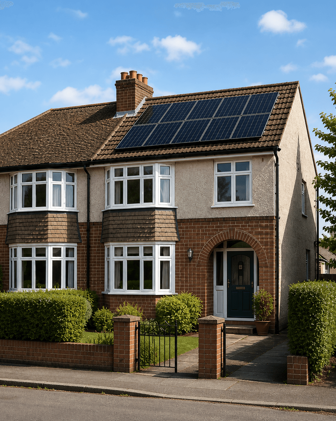 A UK semi-detached home with rooftop solar panels
