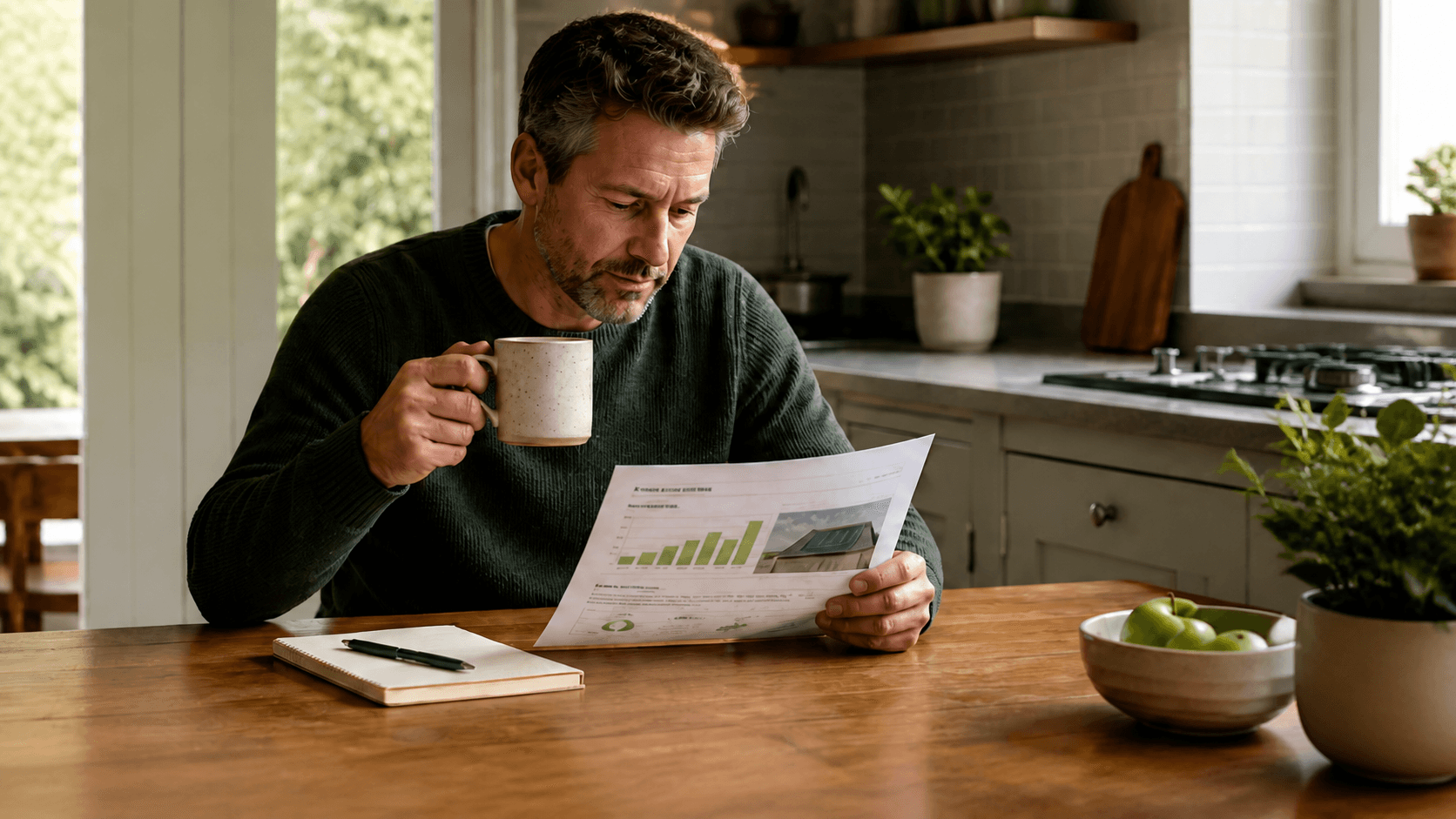 A homeowner reviewing an energy assessment at a kitchen table